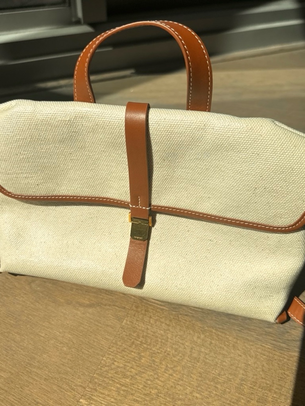 Songmont Leather-Trim Canvas Satchel - Cream & Tan